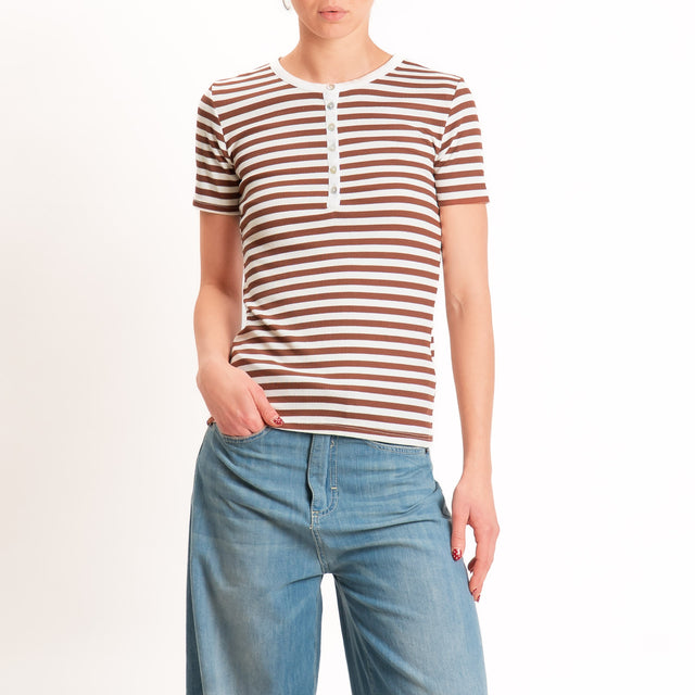 Motel-T-shirt righe serafino a costine - panna/tabacco