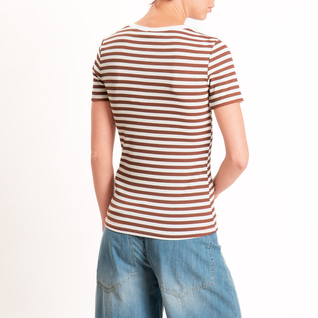 Motel-T-shirt righe serafino a costine - panna/tabacco