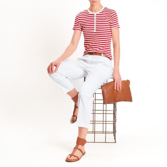 Motel-T-shirt righe serafino a costine - panna/rosso