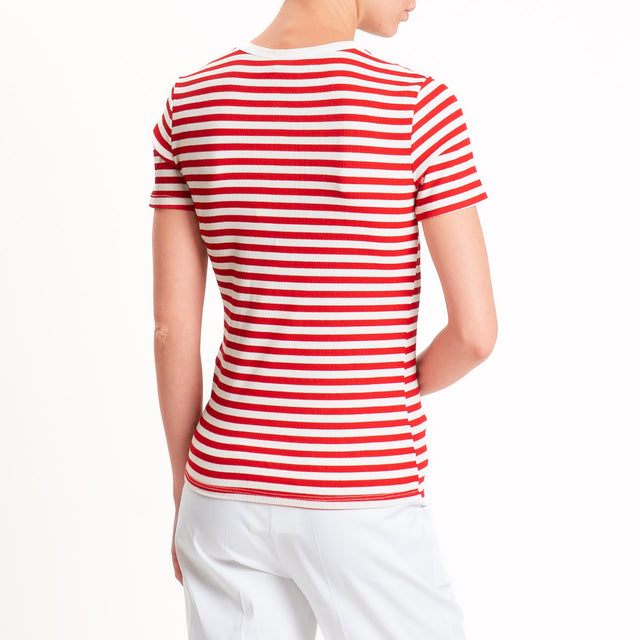 Motel-T-shirt righe serafino a costine - panna/rosso