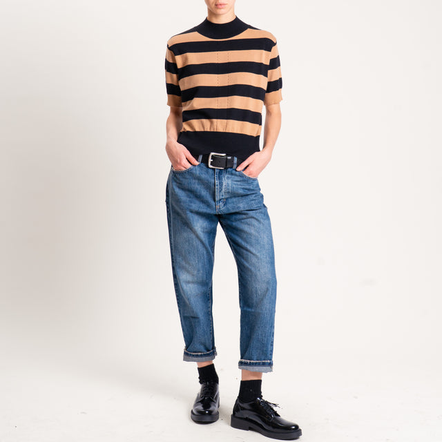 Motel-Maglia righe collo montato - nero/cammello