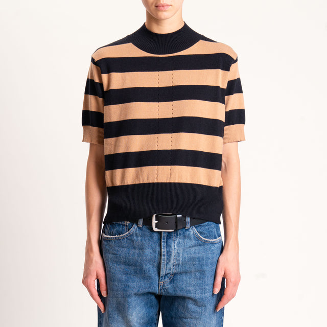 Motel-Maglia righe collo montato - nero/cammello