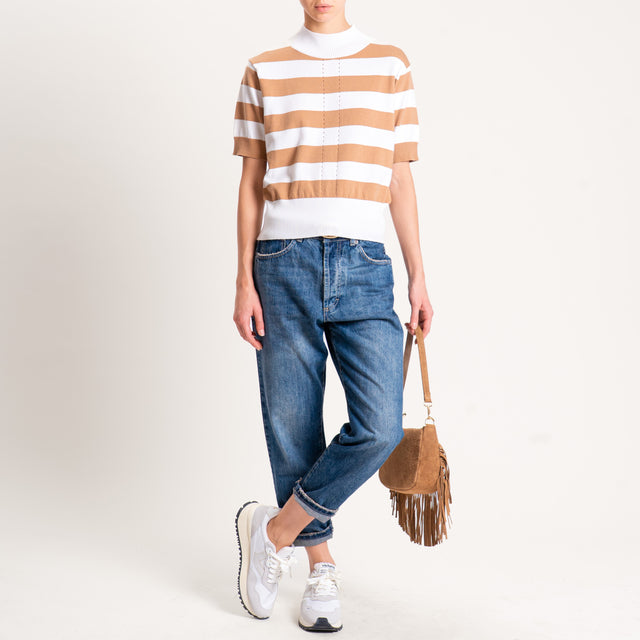 Motel-Maglia righe collo montato - panna/cammello