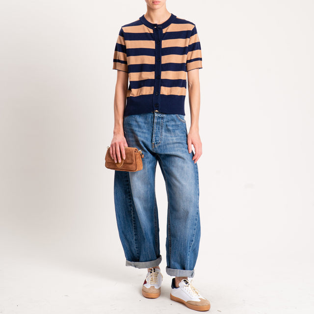 Motel-Cardigan righe in maglia mezza manica - blu/cammello