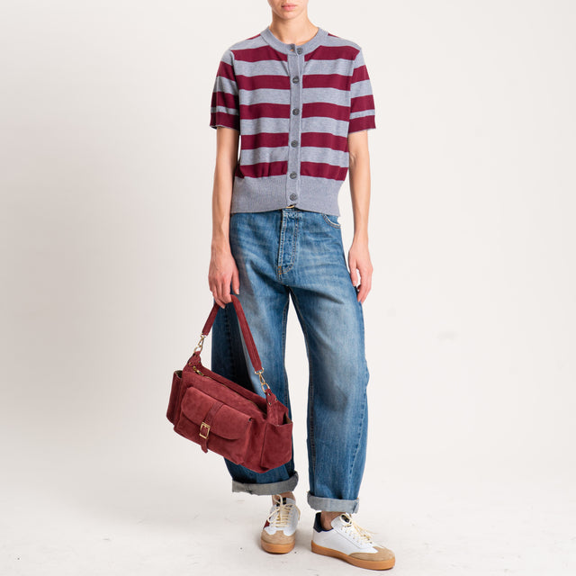 Motel-Cardigan righe in maglia mezza manica - grigio/bordeaux