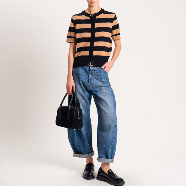 Motel-Cardigan righe in maglia mezza manica - nero/cammello