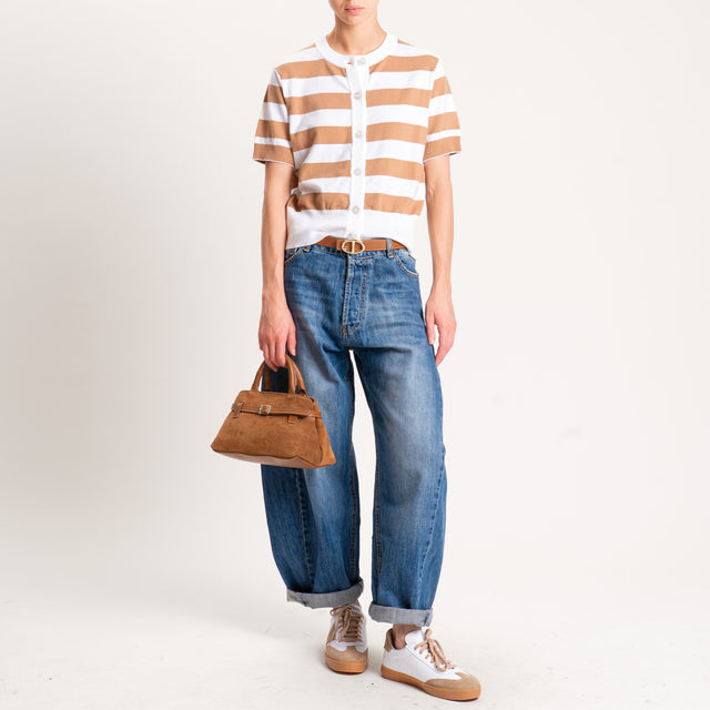 Motel-Cardigan righe in maglia mezza manica - panna/cammello