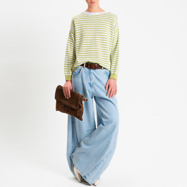 Motel-Maglia girocollo a righe tessuto modal - pistacchio/bianco