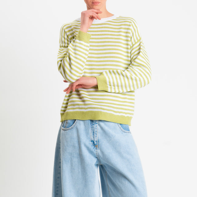 Motel-Maglia girocollo a righe tessuto modal - pistacchio/bianco