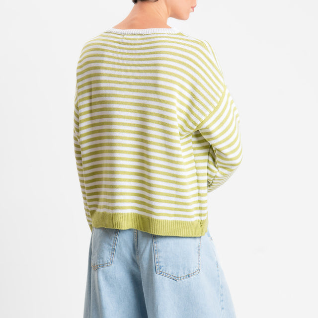 Motel-Maglia girocollo a righe tessuto modal - pistacchio/bianco