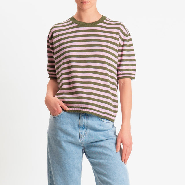 Motel-Maglia righe mezza manica misto cotone - militare/rosa