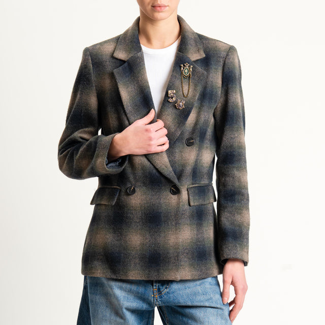 Motel-Giacca check doppiopetto in velour con spille - militare/beige/nero
