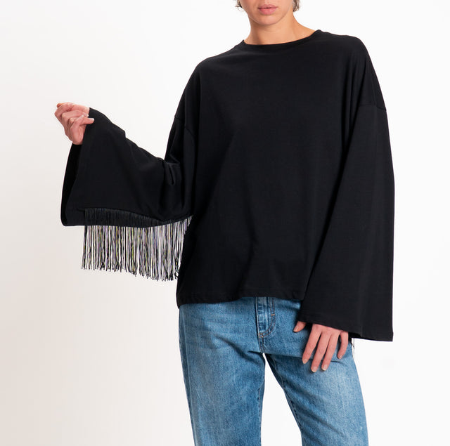 Motel T-shirt boxy with fringe - black