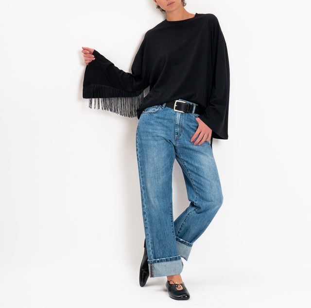 Motel T-shirt boxy with fringe - black