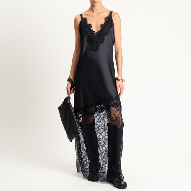 Motel-Abito satin con pizzo bretelle regolabili - Nero
