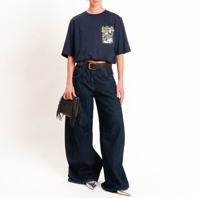 Motel-T-shirt con taschino maxi paillettes fondo con elastico - blu