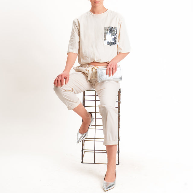 Motel-T-shirt con taschino maxi paillettes fondo con elastico - sabbia
