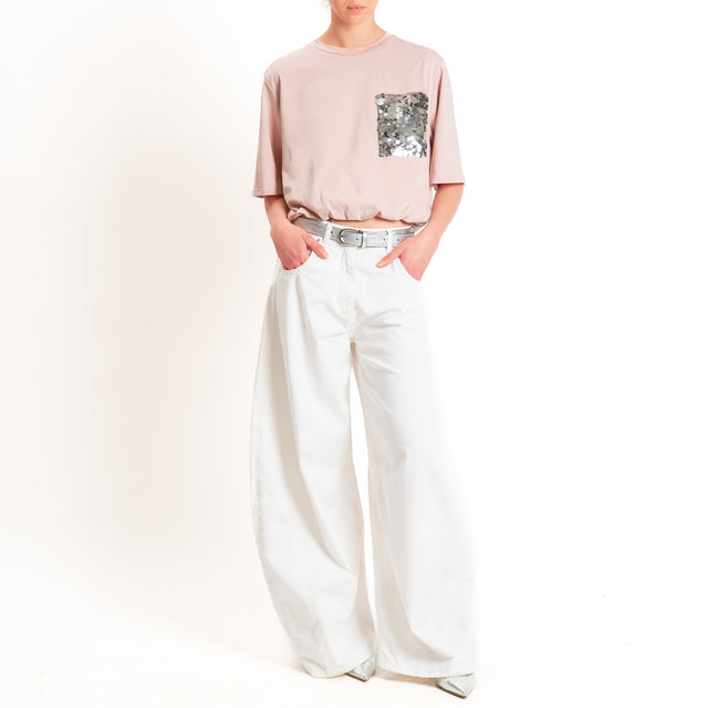 Motel-T-shirt con taschino maxi paillettes fondo con elastico - cipria