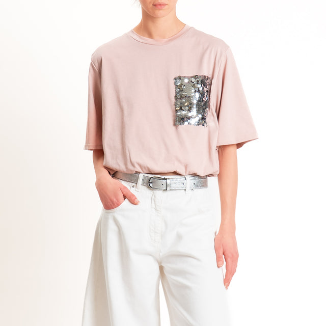 Motel-T-shirt con taschino maxi paillettes fondo con elastico - cipria