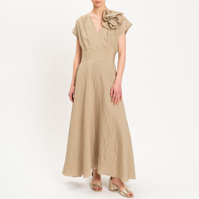 Motel-Abito scollo v spilla fiore - beige