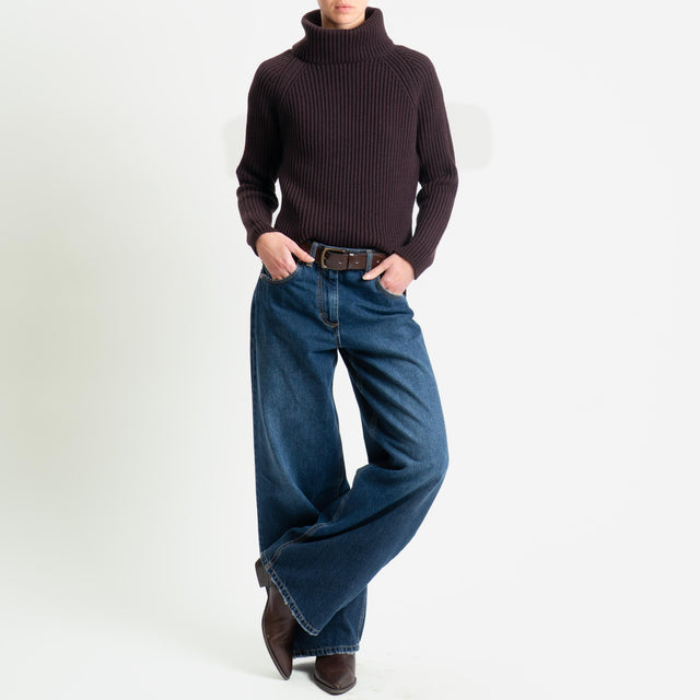 Motel-Maglia collo alto costa inglese spacchi laterali - moro