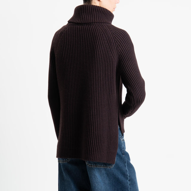 Motel-Maglia collo alto costa inglese spacchi laterali - moro