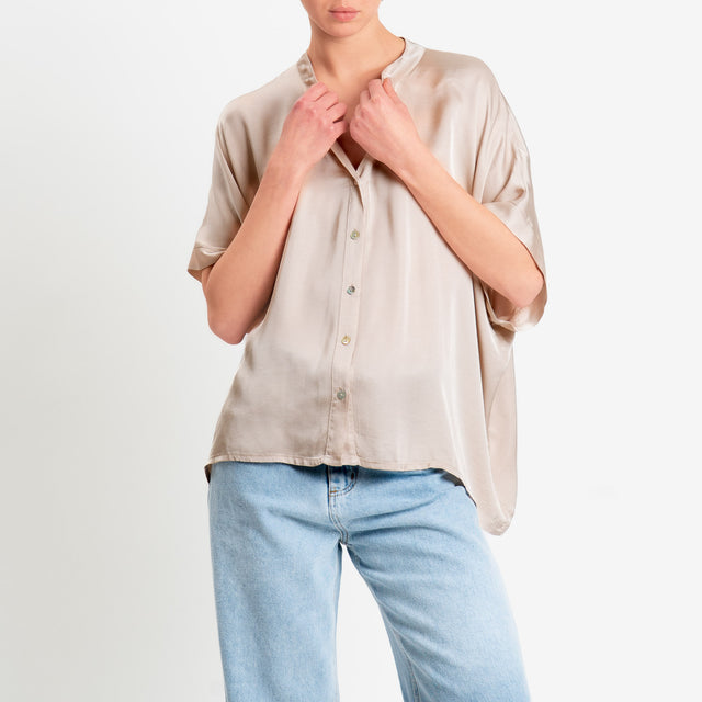 Motel-Camicia collo coreana manica scesa in satin - avena