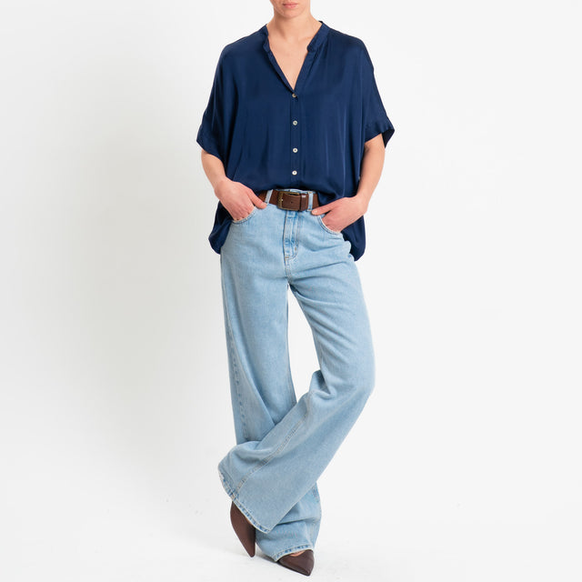 Motel-Camicia collo coreana manica scesa in satin - blu