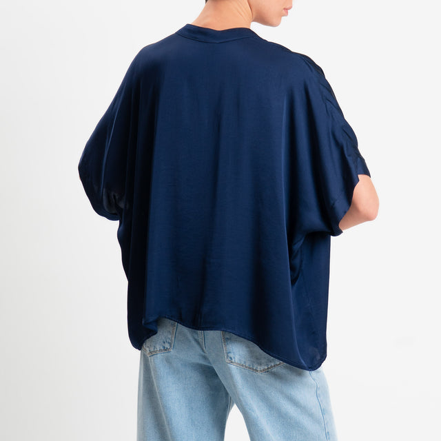 Motel-Camicia collo coreana manica scesa in satin - blu