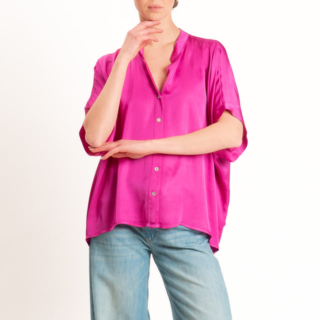 Motel-Camicia collo coreana manica scesa in satin - fucsia