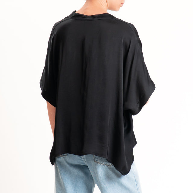Motel-Camicia collo coreana manica scesa in satin - nero