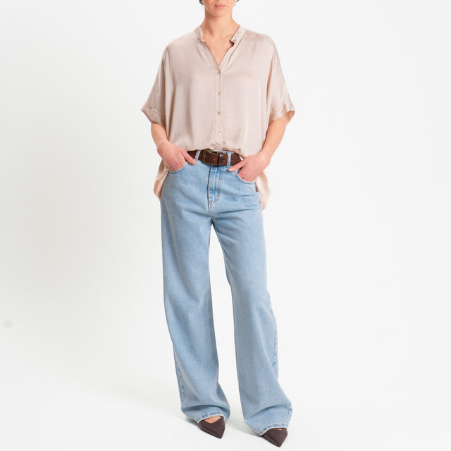 Motel-Camicia collo coreana manica scesa in satin - rose