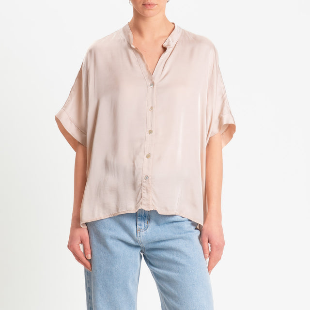Motel-Camicia collo coreana manica scesa in satin - rose