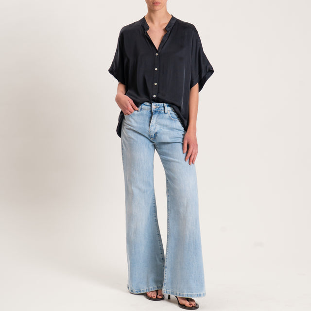Motel-Camicia satin collo coreana manica scesa - nero