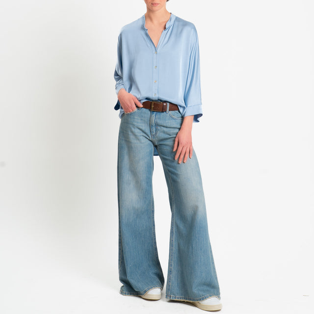 Motel-Camicia collo coreana over in satin - cielo