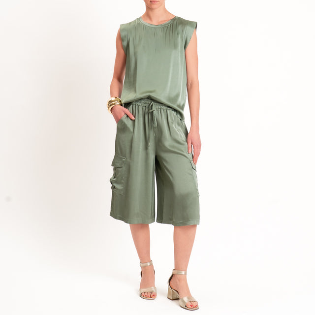Motel-Bermuda cargo in satin elastico in vita - militare
