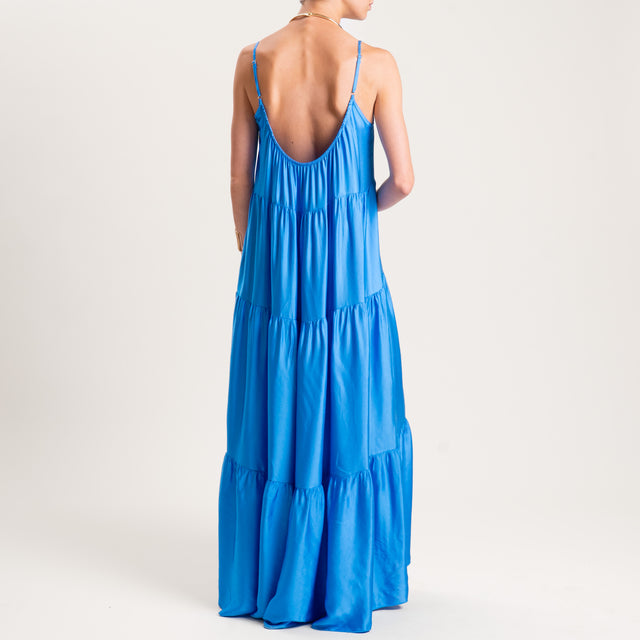 Motel-Abito in satin bretelle regolabili con balze - azzurro