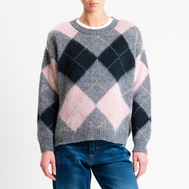 Motel-Maglia mohair rombi con spalline - grigio/nero/rosa