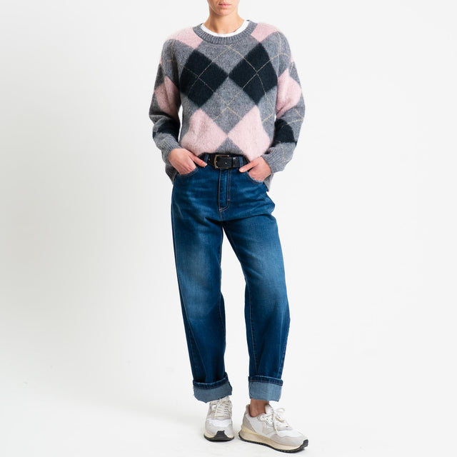 Motel-Maglia mohair rombi con spalline - grigio/nero/rosa