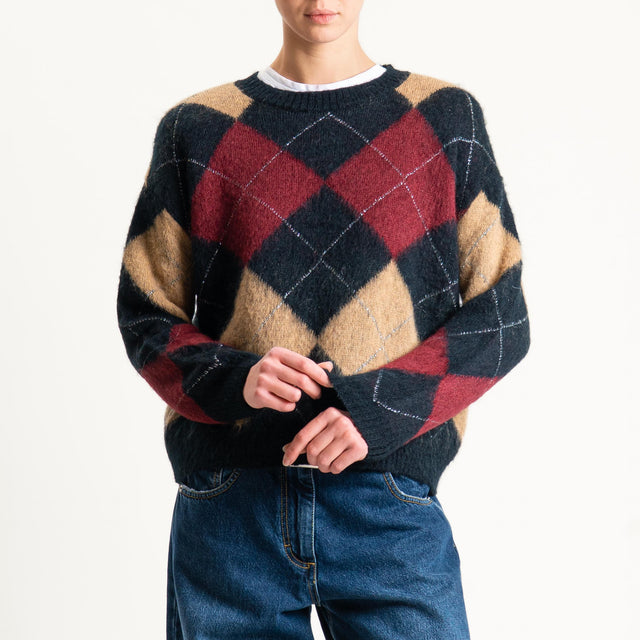 Motel-Maglia mohair rombi con spalline - nero/camel/bordeaux