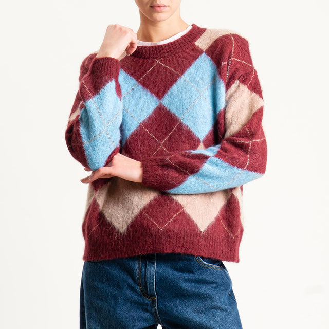 Motel-Maglia mohair rombi con spalline - bordeaux/phard/celeste