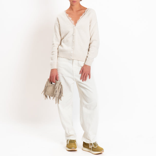 Motel-Cardigan misto cashmere doppio scollo v con pizzo - ecru'