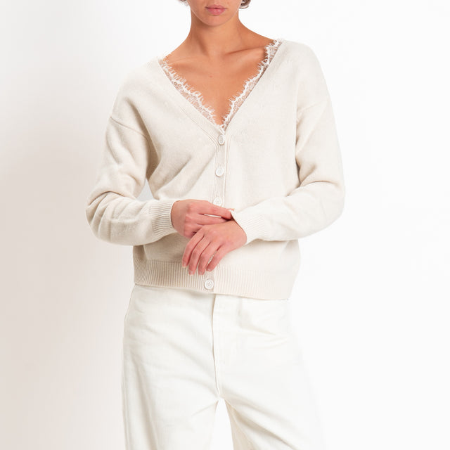 Motel-Cardigan misto cashmere doppio scollo v con pizzo - ecru'