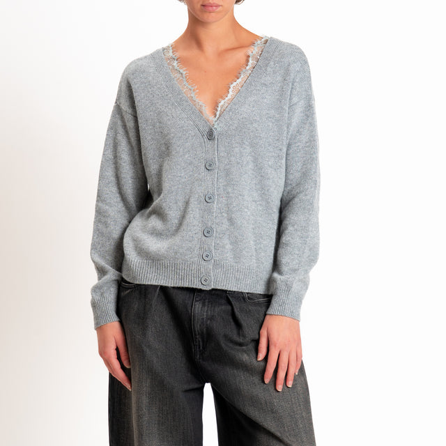Motel-Cardigan misto cashmere doppio scollo v con pizzo - grigio