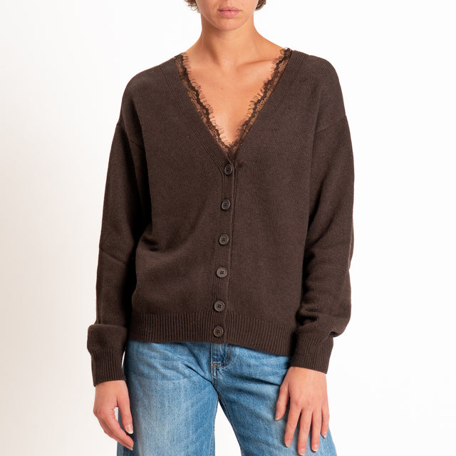 Motel-Cardigan misto cashmere doppio scollo v con pizzo - moro