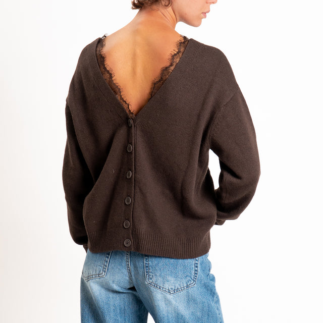 Motel-Cardigan misto cashmere doppio scollo v con pizzo - moro