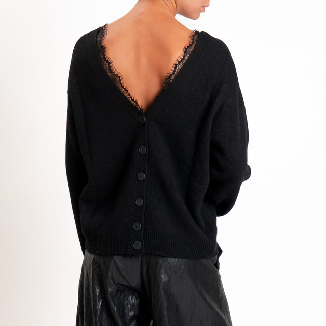 Motel-Cardigan misto cashmere doppio scollo v con pizzo - nero