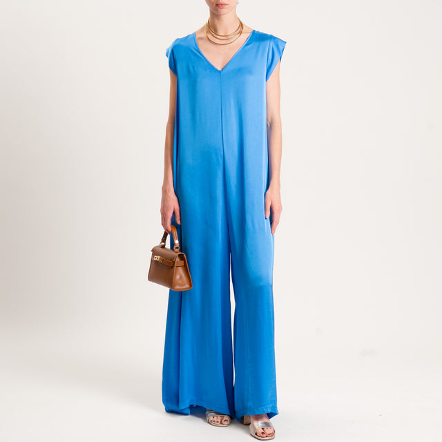 Motel-Tuta scollo v in satin con tasche laterali - azzurro