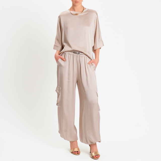 Motel-Pantalone cargo in satin elastico in vita - avena