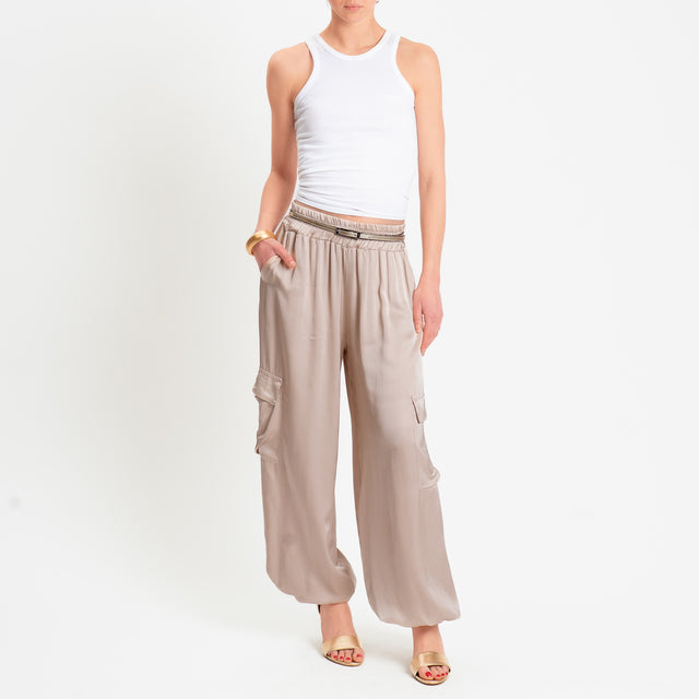 Motel-Pantalone cargo in satin elastico in vita - avena